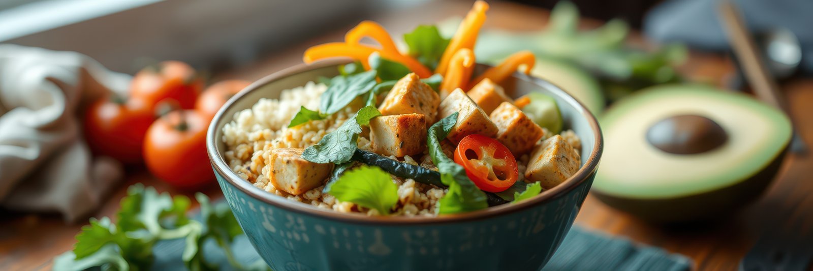 Colorful salad bowl with grilled chicken, fresh vegetables, and grains on wooden table in cozy kitchen setting